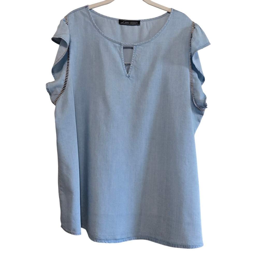 Love University, Women's Light Blue Chambray Ruffle Sleeve Keyhole Top‎ Sz 2X